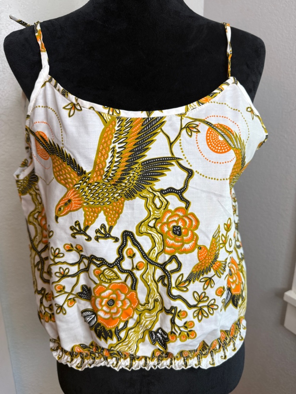 White & Orange Floral Bird Print Camisole Top Summer sleeveless festival boho